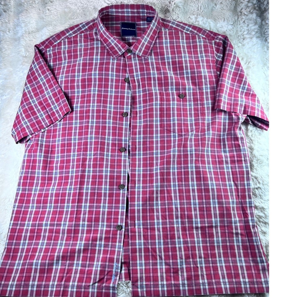 Tommy Bahama Mens XXL Pink Plaid Silk Blend IslandZone Short Sleeve Button A22